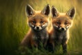 Two baby foxes sitting in grass