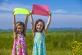 Two baby girls in summer dresses on the nature of holding the co Royalty Free Stock Photo