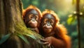 Two Baby Orangutans Looking at Camera - Generative Ai