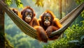 Two Baby Orangutans Relax on a Hammock in the Rainforest - Generative Ai