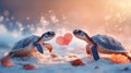 Two Baby Sea Turtles Sharing A Heart Shaped Leaf Royalty Free Stock Photo