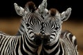 Two baby zebras with black and white stripes looking at camera Royalty Free Stock Photo