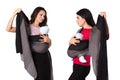 Two babywearing mothers with woven wraps carriers