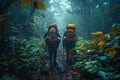 Two backpackers hiking through a green forest filled with diverse plant life Royalty Free Stock Photo