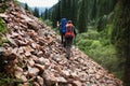 Two backpackers in mountains Royalty Free Stock Photo