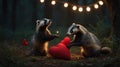 Romantic Badgers in Forest with Hearts and Fairy Lights Royalty Free Stock Photo