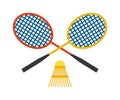 Two badminton racket and shuttlecock sport game leisure competition feather fitness vector. Royalty Free Stock Photo