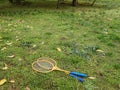 Two badminton rackets on green grass in the park Royalty Free Stock Photo