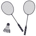 Two badminton rackets and a shuttlecock. Black illustration isolated on white background