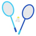 Two badminton rackets and shuttlecock. Set for playing sport game. Volant and badminton racquets in simple flat style