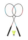 Two badminton rackets and shuttlecock on white background. Sports equipment Royalty Free Stock Photo