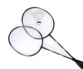 Two badminton racquets with white shuttlecock Royalty Free Stock Photo