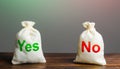Two bags with Yes and No. Risk planning. Advantages and disadvantages. Useful and harmful properties. Decision making, evaluating Royalty Free Stock Photo