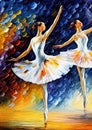 Two Ballerina`s dancing on stage oil knife painting