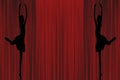 Two ballerina silhouettes of young ballet lady`s dancing on pointe in attitude derriere on a red curtain background