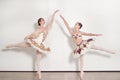 Two ballerinas practicing ballet poses against a white background Royalty Free Stock Photo