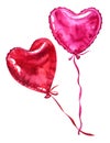 Two balloons red and pink in the shape of a heart, watercolor illustration Royalty Free Stock Photo