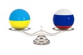Two balls with flag Russia, Ukraine and scale on white background. Isolated 3D illustration Royalty Free Stock Photo