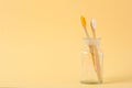 Two bamboo toothbrushes in glass cup on beige background, eco natural products for oral hygiene Royalty Free Stock Photo