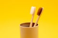 Two bamboo toothbrushes in glass on yellow background Royalty Free Stock Photo