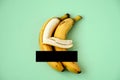 two bananas on green background with censored black line, one banana hugs another with its peel Royalty Free Stock Photo