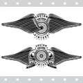 Two banners with motorbike wheel in side view between skulls and wings. Vintage motorcycle design isolated on white