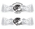 Two banners with salmon fish bend silhouette with crossed fishing rod in engrving style with landscape. Logo for fishing, champion