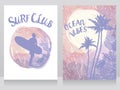 Two banners for surf club with silhouette of the man with a surfboard and palms