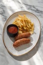 two barbecue sausages with french fries