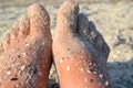 Two bare feet of caucasian woman soiled in sand with shell rock on sandy sea Royalty Free Stock Photo