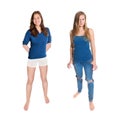 Two barefoot teenage girls wearing casual clothing