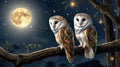 Barn Owls Couple Perched on a Branch Under the Moonlight, a Nighttime Scene Royalty Free Stock Photo