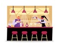 Two bartenders in the interior of bar, restaurant, vector flat illustration.