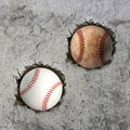 Two baseball ball flying through the wall with cracks Royalty Free Stock Photo