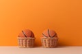 Two basketballs lie in two wicker baskets, Basketball is a world popular sport, AI generated content