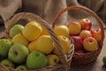 Two baskets with different varieties of apples on a burlap Royalty Free Stock Photo