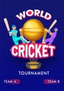 Two batsman in playing pose on blue background for World Cricket Tournament flyer