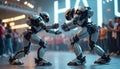 Two battling robots in futuristic arena, face to face. Spectators watch robot fight competition. Modern innovative robotics