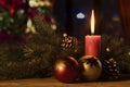 Two bauble ornaments and Christmas candle Royalty Free Stock Photo