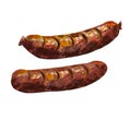 Two Bavarian sausages, fried sausages, beer snack, watercolor illustration,