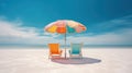 Two beach bed, umbrella and white sand on tropical sea shore in summer, generative AI Royalty Free Stock Photo