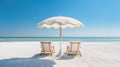 Two beach bed, umbrella and white sand on tropical sea shore in summer, generative AI Royalty Free Stock Photo