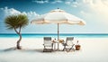 Two beach beds, umbrella, palm and white sand on sea shore in summer, generative AI Royalty Free Stock Photo