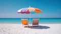 Two beach beds, umbrella and white sand on sea shore in summer, generative AI Royalty Free Stock Photo