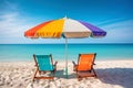 Two beach beds, umbrella and white sand on tropical sea shore in summer, generative AI Royalty Free Stock Photo