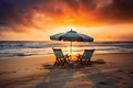 Two beach chairs and a little table with a colorful parasol directly on the beach during sunset created with generative AI Royalty Free Stock Photo