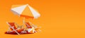 Two beach chairs with parasol on lush orange summer background