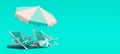 Two beach chairs with parasol on turquoise summer background