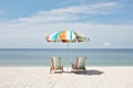 Two beach chairs and an umbrella on a white sand beach. Generative AI Royalty Free Stock Photo