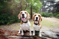 Two Beagle dogs sitting on a log in the forest Royalty Free Stock Photo